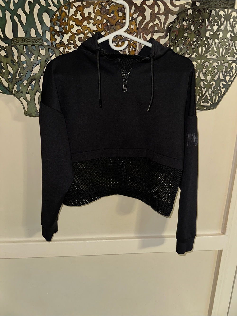 IVY PARK Black Cropped Hoodie with Mesh Hem - Women Tops